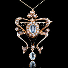 Load image into Gallery viewer, Antique Art Nouveau Aquamarine &amp; Pearl Pendant Necklace/Brooch Lavalier 9ct Gold - Edwardian c.1910
