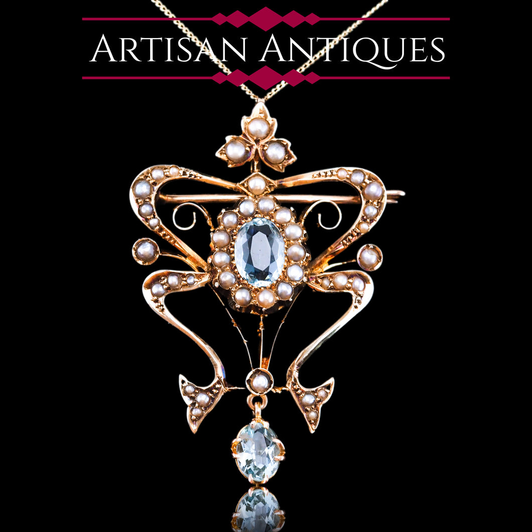 Antique Art Nouveau Aquamarine & Pearl Pendant Necklace/Brooch Lavalier 9ct Gold - Edwardian c.1910