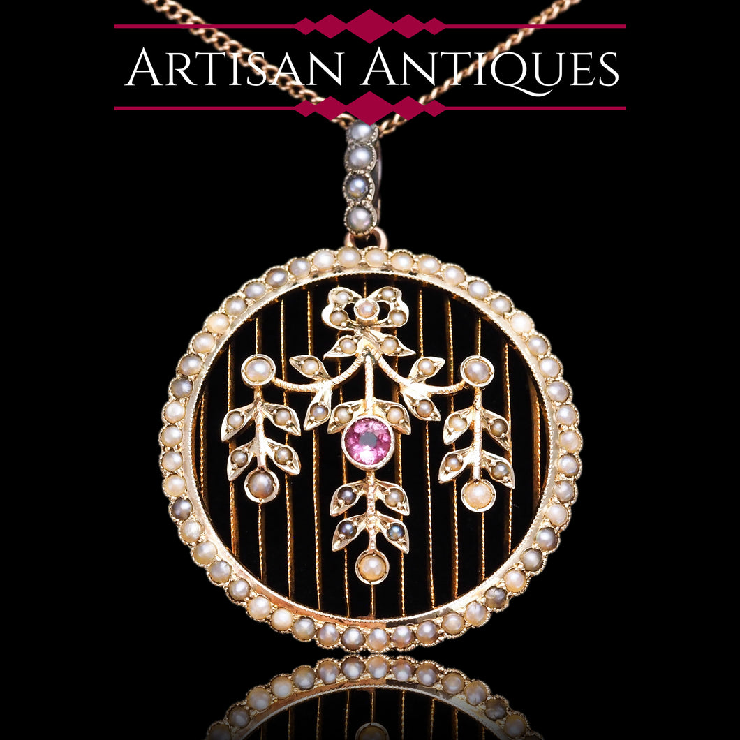 Antique Edwardian Belle Epoque Pearl & Pink Tourmaline Pendant Necklace 9ct Gold - c.1910