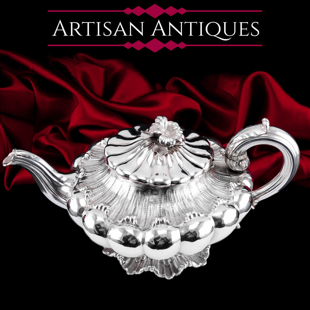 Antique Georgian Solid Silver Teapot 'Melon Shape' Sea Spume and Acanthus - Barnards 1830