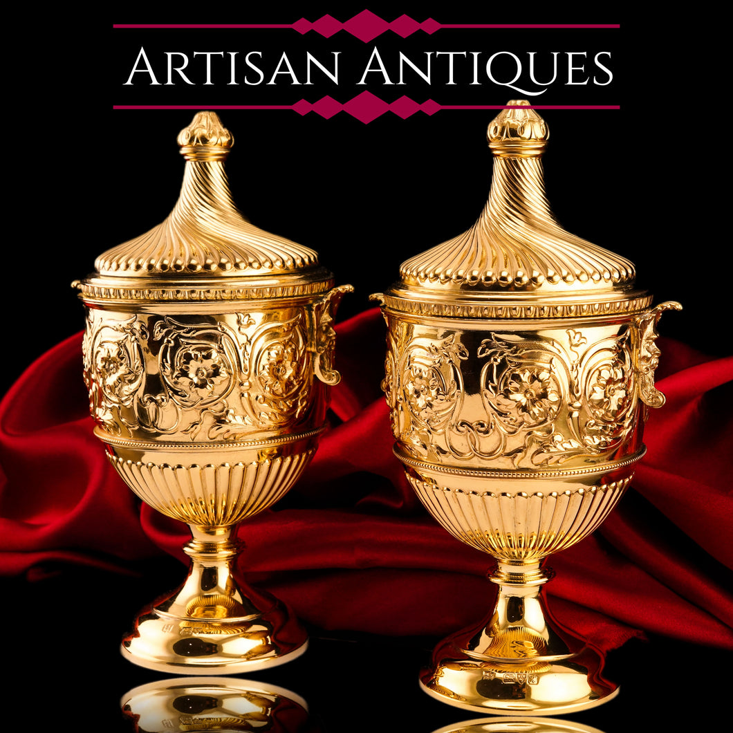 Antique Solid Silver Gilt Vase/Urn Pair with Figural Roman Classical Influences - George Nathan & Ridley Hayes 1910
