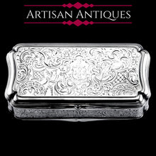 Load image into Gallery viewer, Antique Large Solid Silver Snuff Box Cartouche Shaped with Profuse Hand Engravings - London 1842
