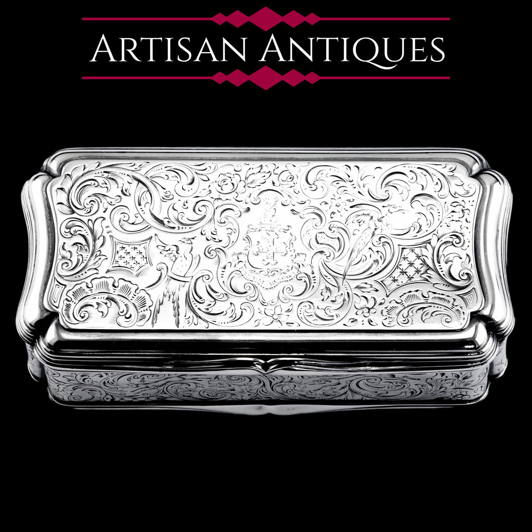 Antique Large Solid Silver Snuff Box Cartouche Shaped with Profuse Hand Engravings - London 1842