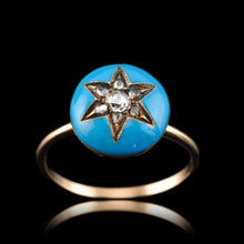 Load image into Gallery viewer, Antique Victorian Diamond Star Ring 9ct Gold Blue Enamel Cabochon - c.1890
