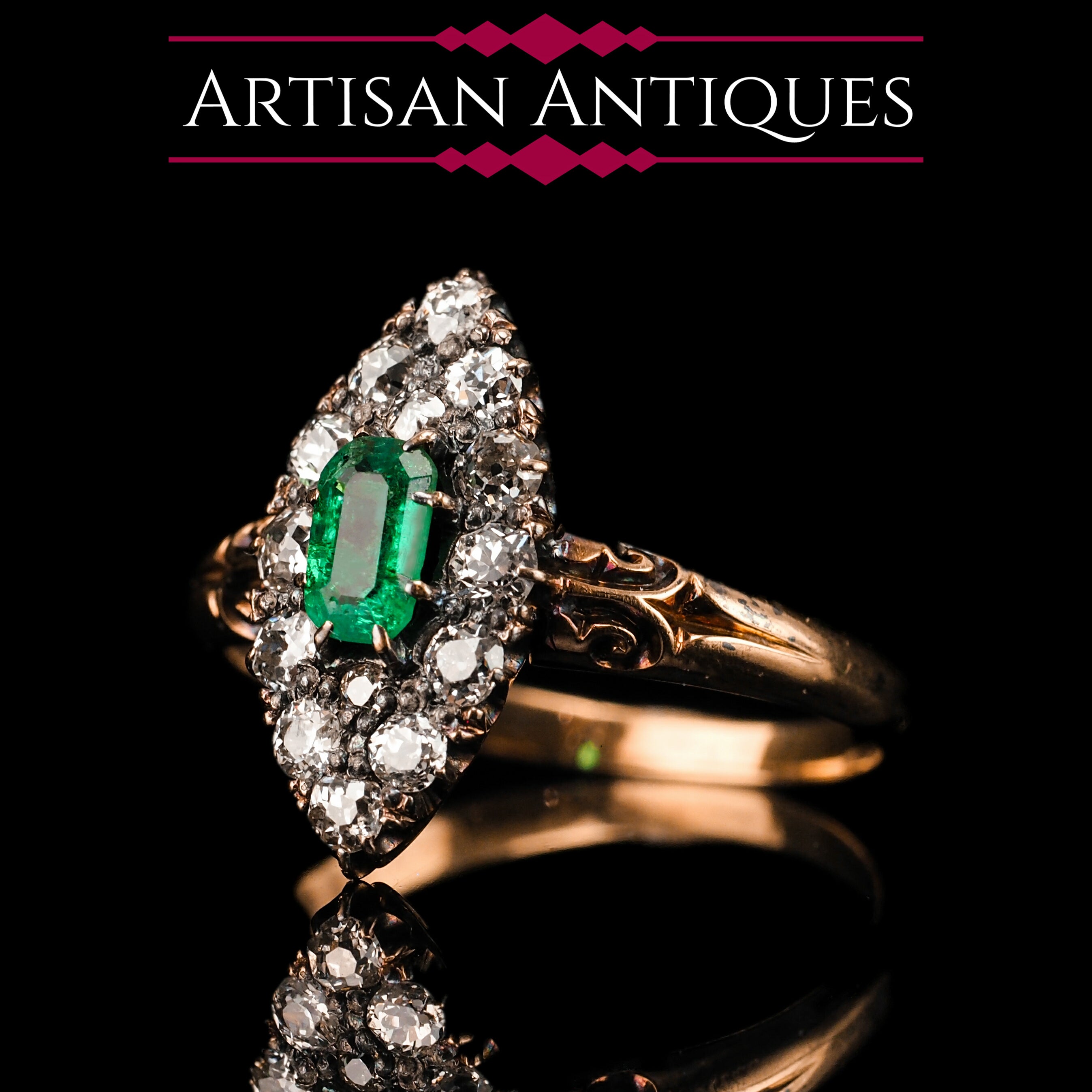3.00 CTW Colombian Emerald and Old Cut Diamond Halo Ring in 18ct Yello –  Katherine James Jewellery