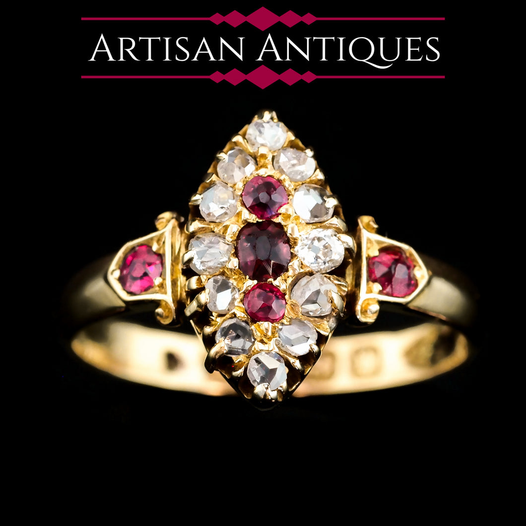 [RESERVED] Antique Victorian Ruby & Diamond Navette Ring 18ct Gold - Birmingham 1886