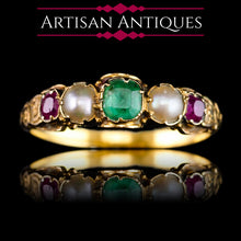 Load image into Gallery viewer, Antique Victorian 15ct Gold Emerald, Garnet &amp; Pearl Ring Suffragette - c.1880
