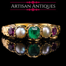 Load image into Gallery viewer, Antique Victorian 15ct Gold Emerald, Garnet &amp; Pearl Ring Suffragette - c.1880
