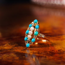 Load image into Gallery viewer, Antique Victorian Diamond, Pearl &amp; Turquoise 18ct Gold Ring Navette/Marquise Cluster Design - c.1880
