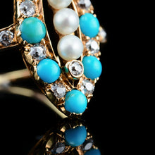 Load image into Gallery viewer, Antique Victorian Diamond, Pearl &amp; Turquoise 18ct Gold Ring Navette/Marquise Cluster Design - c.1880
