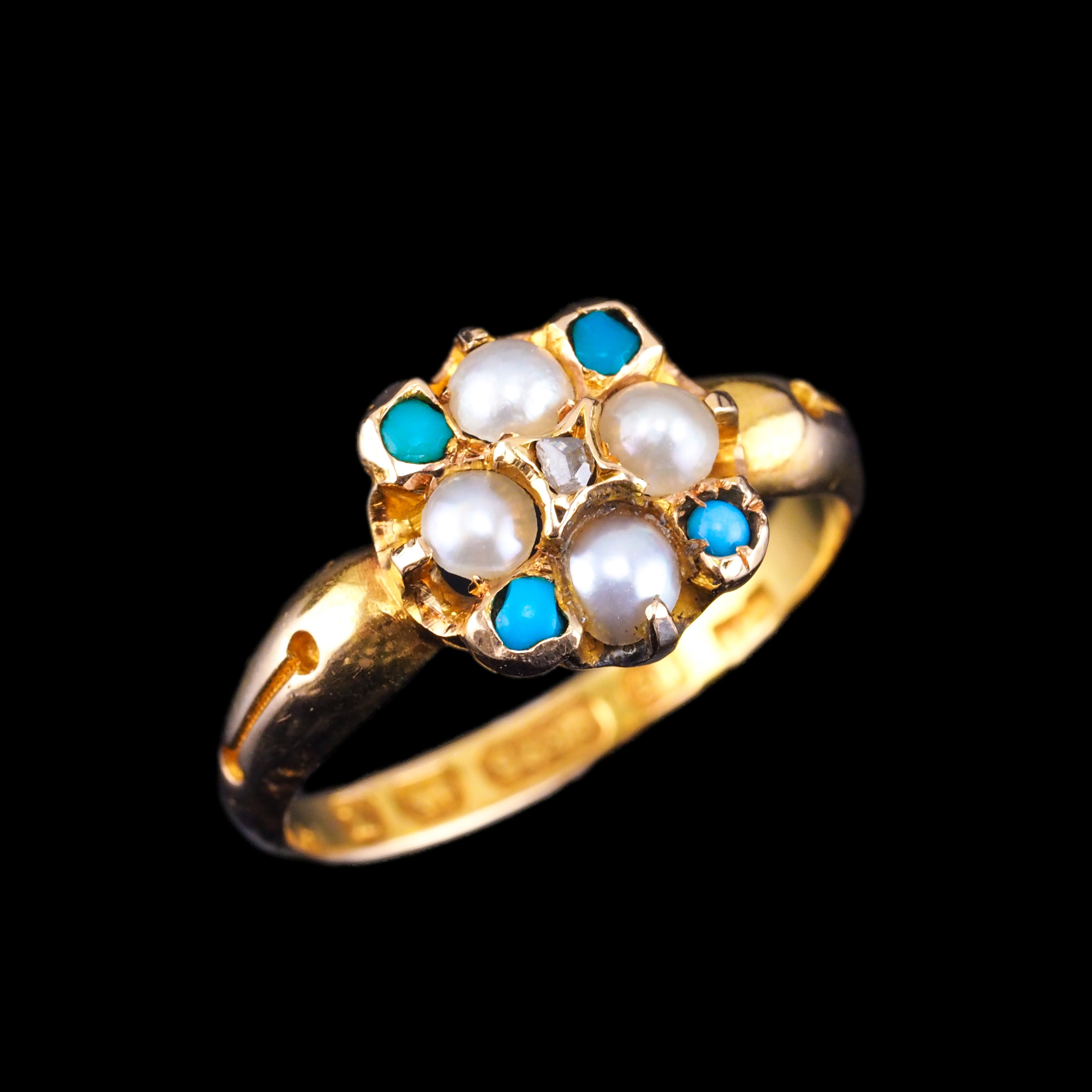 Antique Turquoise, Diamond & Pearl Ring 15ct Gold Victorian 