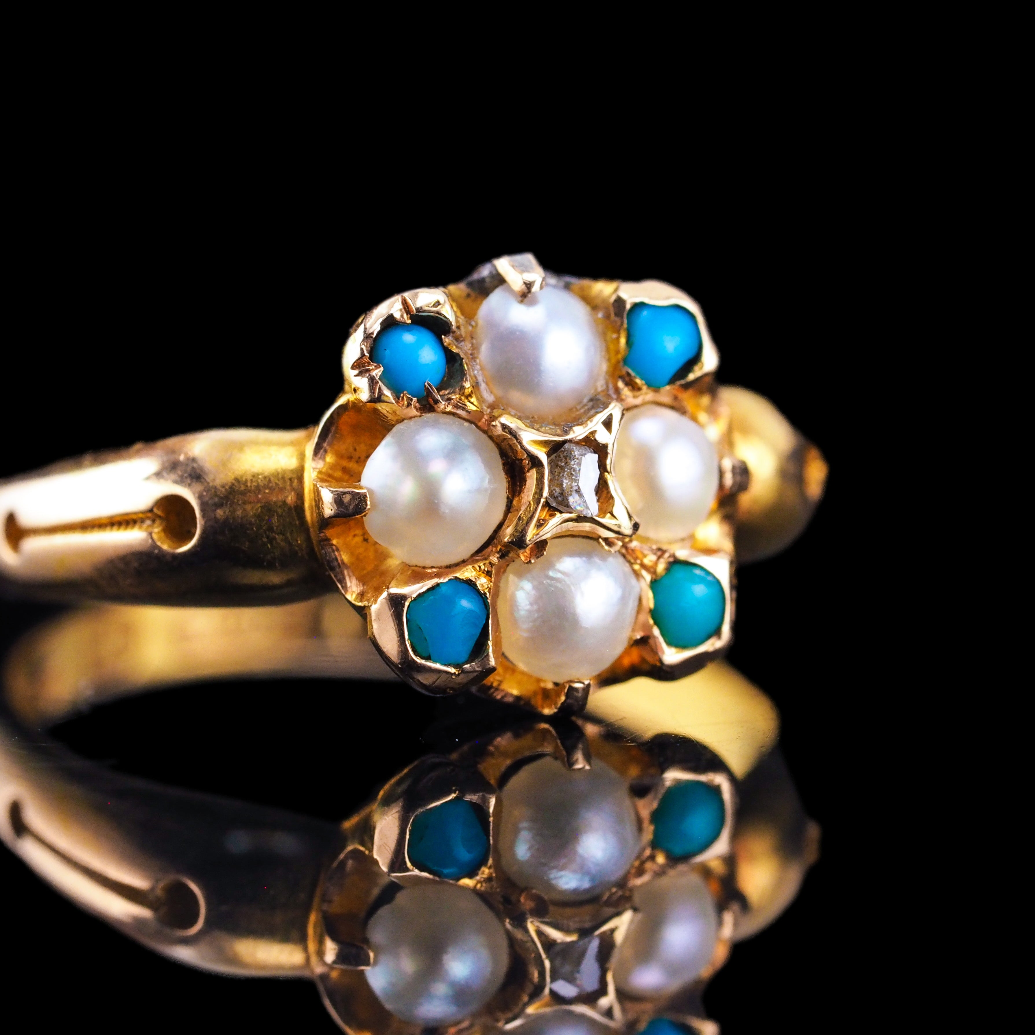 Antique Turquoise, Diamond & Pearl Ring 15ct Gold Victorian Flower Cluster  Design - 1897