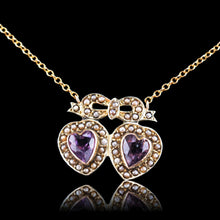 Load image into Gallery viewer, Antique Edwardian Heart Necklace Amethyst &amp; Seed Pearl 9K Gold - c.1910
