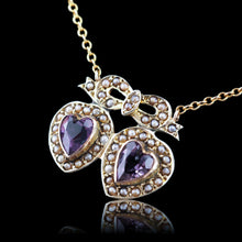 Load image into Gallery viewer, Antique Edwardian Heart Necklace Amethyst &amp; Seed Pearl 9K Gold - c.1910
