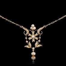 Load image into Gallery viewer, Antique Victorian/Edwardian Pearl Necklace 14K Gold Flower Design - c.1900
