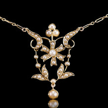 Load image into Gallery viewer, Antique Victorian/Edwardian Pearl Necklace 14K Gold Flower Design - c.1900
