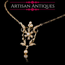 Load image into Gallery viewer, Antique Victorian/Edwardian Pearl Necklace 14ct Gold Flower Design - c.1900
