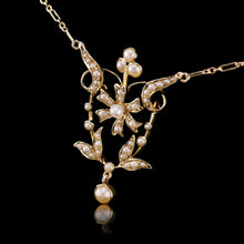 Load image into Gallery viewer, Antique Victorian/Edwardian Pearl Necklace 14K Gold Flower Design - c.1900
