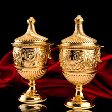 Load image into Gallery viewer, Antique Solid Silver Gilt Vase/Urn Pair with Figural Roman Classical Influences - George Nathan &amp; Ridley Hayes 1910

