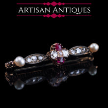 Load image into Gallery viewer, Antique Ruby &amp; Diamond Brooch 14ct Gold with Pearl Accents - c.1900
