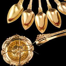 Load image into Gallery viewer, Antique French Solid Silver Gilt Vermeil Teaspoon, Tongs &amp; Strainer Set - Philippe Berthier Paris c.1845.
