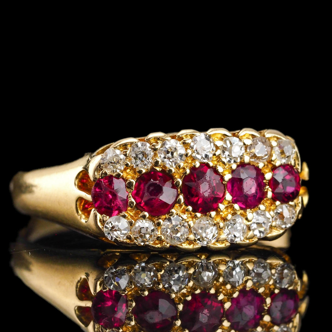 Antique Victorian Ruby & Diamond 18K Gold Cluster Boat Shaped Ring - 1896