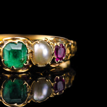 Load image into Gallery viewer, Antique Victorian 15ct Gold Emerald, Garnet &amp; Pearl Ring Suffragette - c.1880
