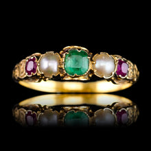 Load image into Gallery viewer, Antique Victorian 15ct Gold Emerald, Garnet &amp; Pearl Ring Suffragette - c.1880
