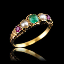 Load image into Gallery viewer, Antique Victorian 15ct Gold Emerald, Garnet &amp; Pearl Ring Suffragette - c.1880
