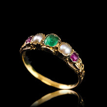 Load image into Gallery viewer, Antique Victorian 15ct Gold Emerald, Garnet &amp; Pearl Ring Suffragette - c.1880
