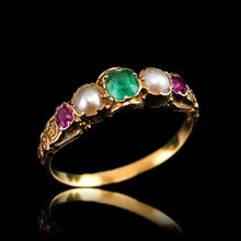 Load image into Gallery viewer, Antique Victorian 15ct Gold Emerald, Garnet &amp; Pearl Ring Suffragette - c.1880
