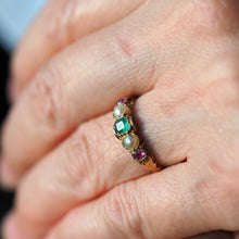 Load image into Gallery viewer, Antique Victorian 15ct Gold Emerald, Garnet &amp; Pearl Ring Suffragette - c.1880
