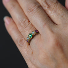 Load image into Gallery viewer, Antique Victorian 15ct Gold Emerald, Garnet &amp; Pearl Ring Suffragette - c.1880
