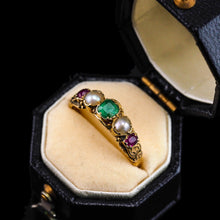 Load image into Gallery viewer, Antique Victorian 15ct Gold Emerald, Garnet &amp; Pearl Ring Suffragette - c.1880
