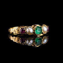 Load image into Gallery viewer, Antique Victorian 15ct Gold Emerald, Garnet &amp; Pearl Ring Suffragette - c.1880
