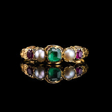 Load image into Gallery viewer, Antique Victorian 15ct Gold Emerald, Garnet &amp; Pearl Ring Suffragette - c.1880
