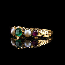 Load image into Gallery viewer, Antique Victorian 15ct Gold Emerald, Garnet &amp; Pearl Ring Suffragette - c.1880
