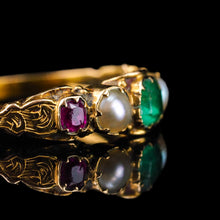 Load image into Gallery viewer, Antique Victorian 15ct Gold Emerald, Garnet &amp; Pearl Ring Suffragette - c.1880
