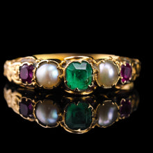 Load image into Gallery viewer, Antique Victorian 15ct Gold Emerald, Garnet &amp; Pearl Ring Suffragette - c.1880
