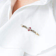 Load image into Gallery viewer, Antique Ruby &amp; Diamond Brooch 14ct Gold with Pearl Accents - c.1900
