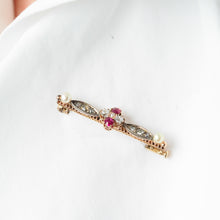 Load image into Gallery viewer, Antique Ruby &amp; Diamond Brooch 14ct Gold with Pearl Accents - c.1900
