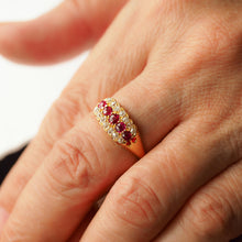 Load image into Gallery viewer, Antique Victorian Ruby &amp; Diamond 18K Gold Cluster Boat Shaped Ring - 1896
