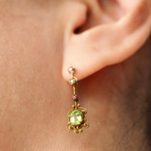 Load image into Gallery viewer, Antique Peridot Ruby and Pearl Earrings 18k Gold Cannetille Suffragette Design
