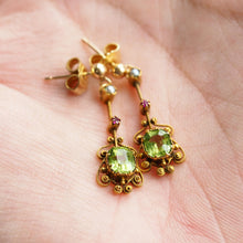 Load image into Gallery viewer, Antique Peridot Ruby and Pearl Earrings 18k Gold Cannetille Suffragette Design
