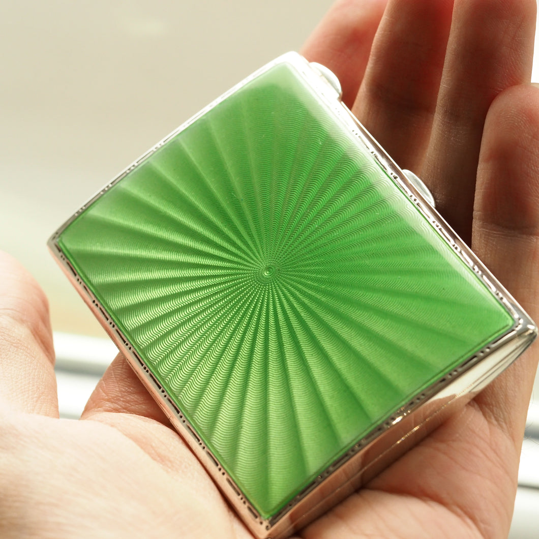 Sterling Silver Cigarette Case with Green Sunburst Enamel Guilloche - Walker & Hall 1937