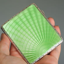 Load image into Gallery viewer, Sterling Silver Cigarette Case with Green Sunburst Enamel Guilloche - Joseph Gloster 1933
