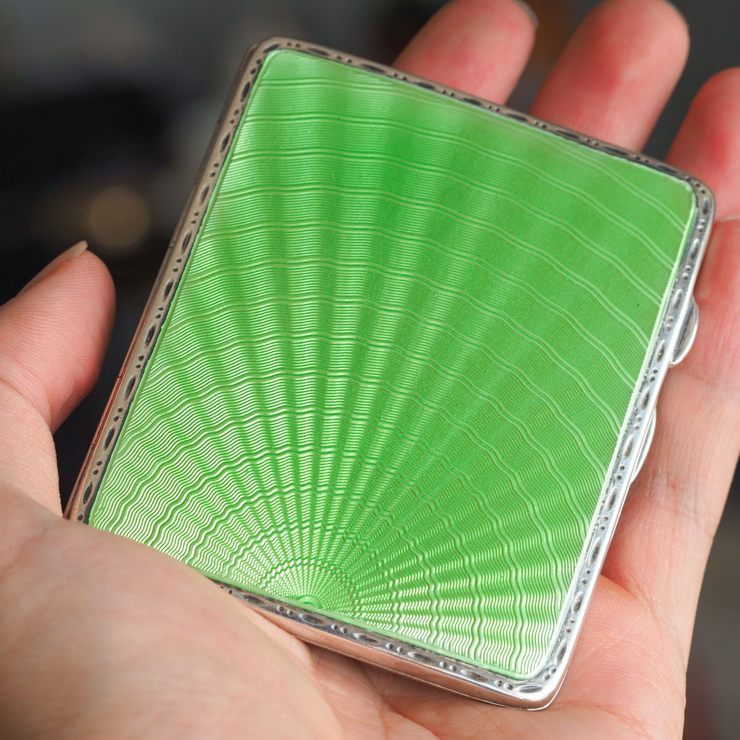 Sterling Silver Cigarette Case with Green Sunburst Enamel Guilloche - Joseph Gloster 1933