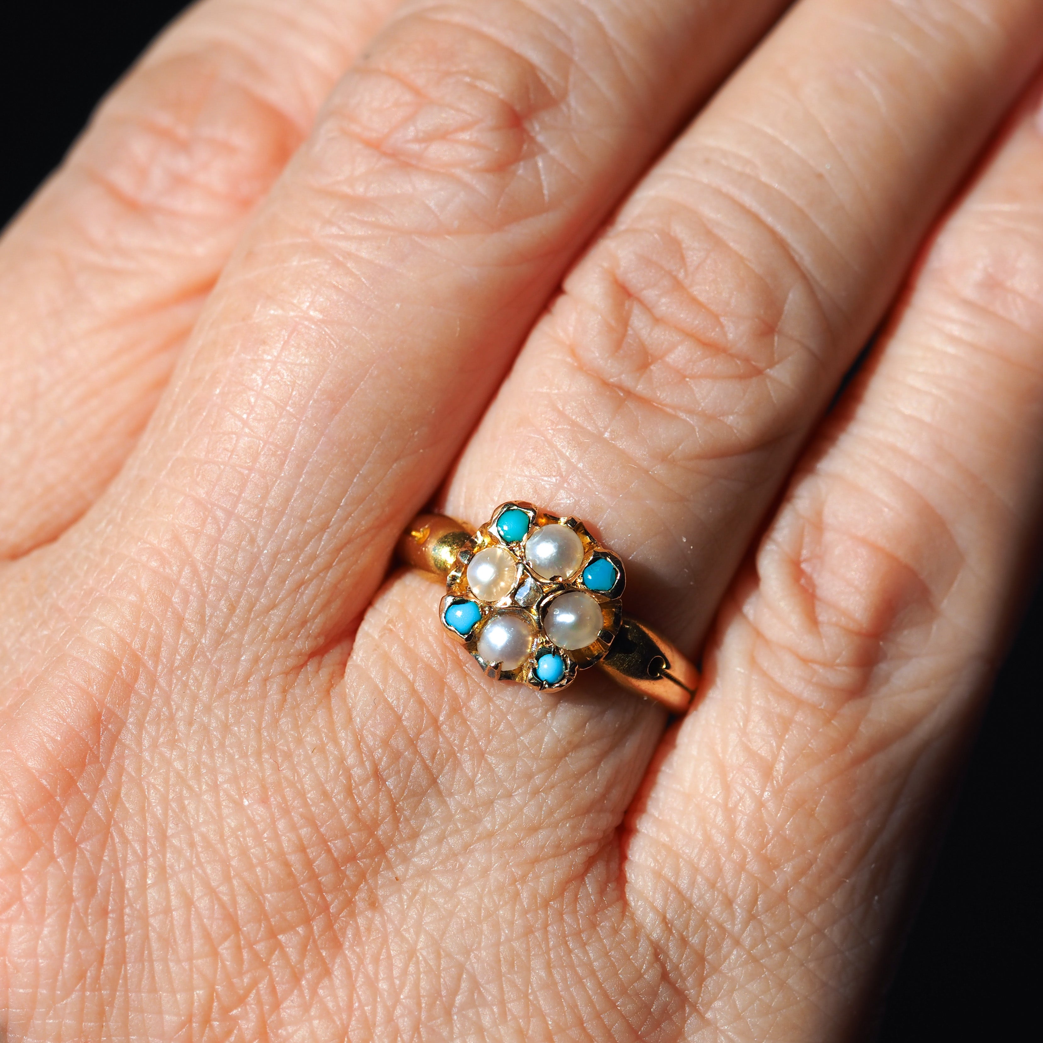 Antique Turquoise, Diamond & Pearl Ring 15ct Gold Victorian Flower Cluster  Design - 1897