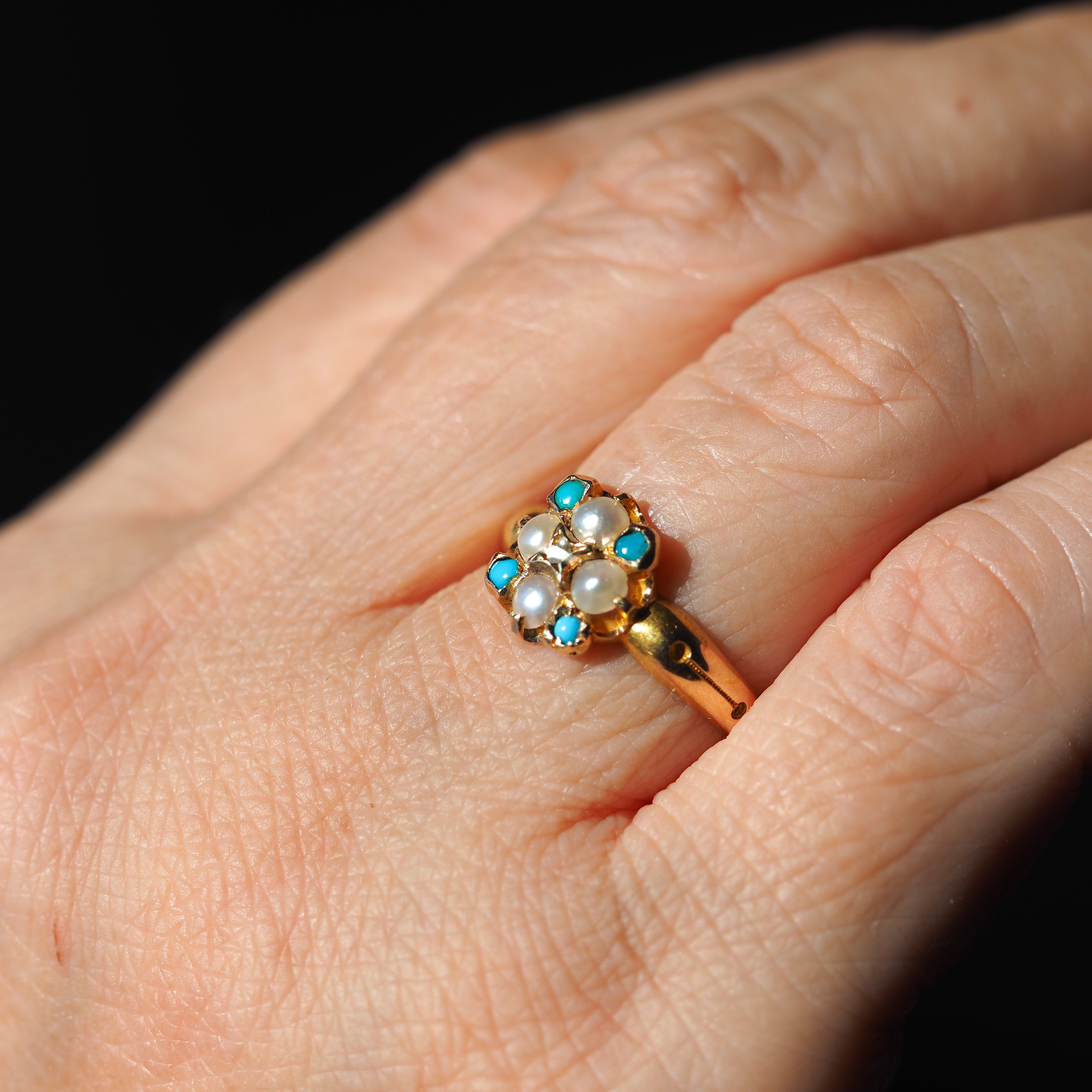 Antique Turquoise, Diamond & Pearl Ring 15ct Gold Victorian Flower Cluster  Design - 1897