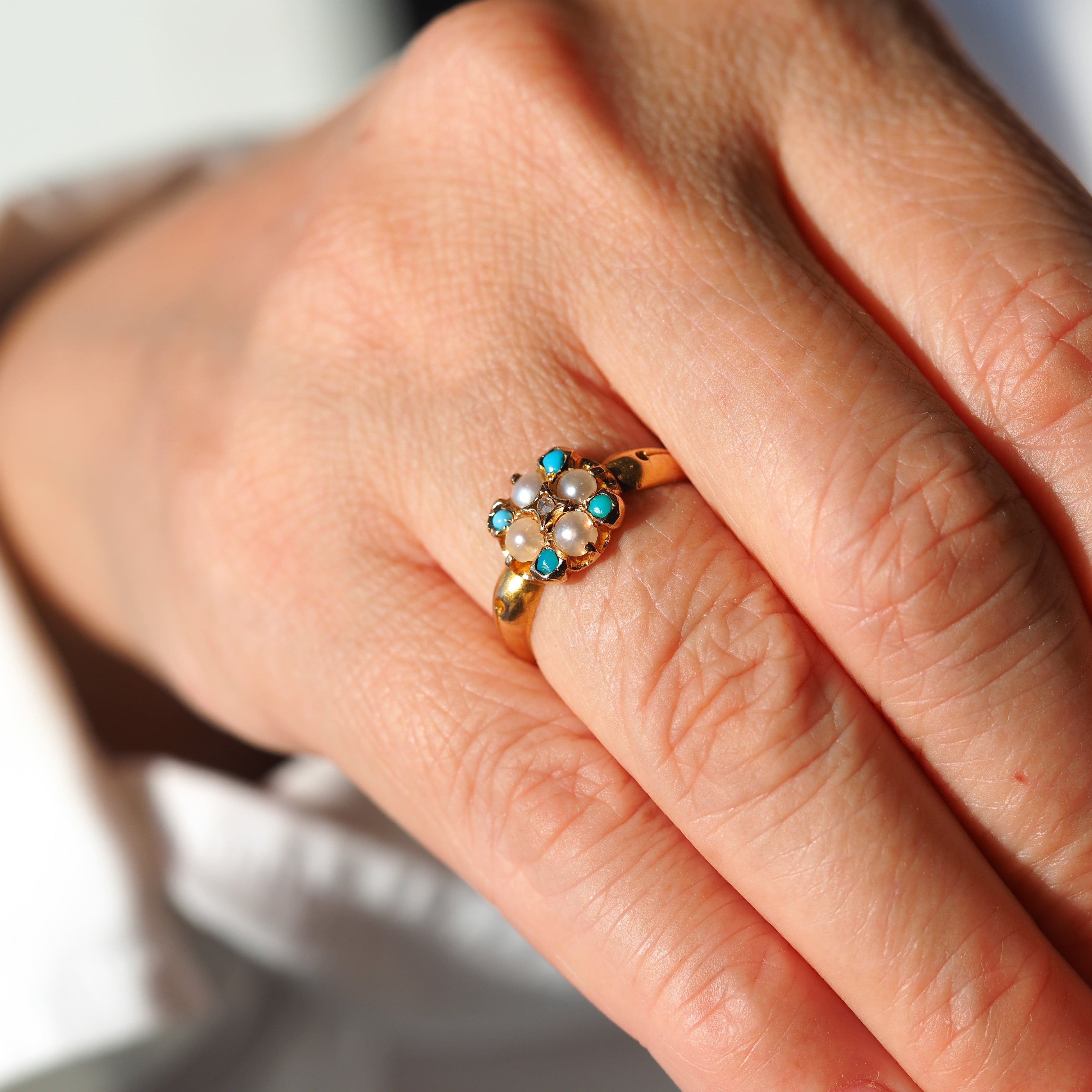 Antique Turquoise, Diamond & Pearl Ring 15ct Gold Victorian Flower Cluster  Design - 1897